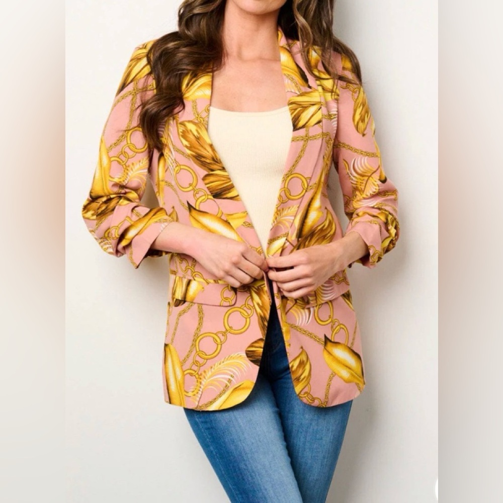 WOMEN'S 3/4 RUCHED SLEEVES OPEN FRONT
POCKETS PRINTED BLAZER
